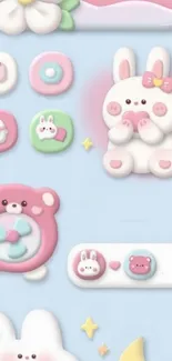 Adorable kawaii cartoon wallpaper with cute animals and pastel colors.