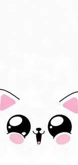 Adorable kawaii cat face with pink ears and cheeks on a white background.