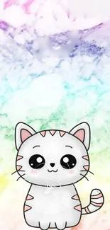 Cute kawaii cat with pastel rainbow background wallpaper.