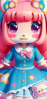 Kawaii character in vibrant colors with pink and blue accents on a phone wallpaper.