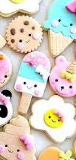 Kawaii dessert wallpaper with cute pastel designs like pandas and ice creams.