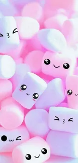 Kawaii marshmallow wallpaper with smiling faces in pastel colors.