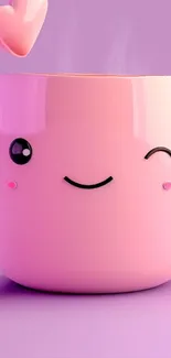 Kawaii pink mug with a heart handle and smiling face on a gradient background.