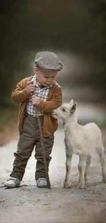 Young boy and goat walking on a peaceful forest path in nature.