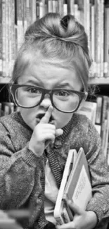 Black and white photo of a cute child in glasses at a library.