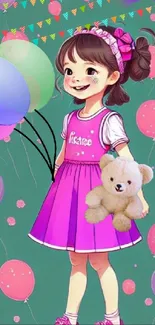 Cartoon girl with balloons and teddy bear