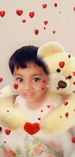 Smiling child with teddy bear hugging on a warm, cozy background.