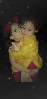 Two kids share an adorable embrace, spreading warmth.
