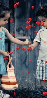 Two children playing outside with a rustic backdrop.