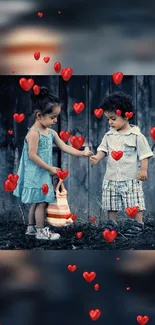 Two cute kids with red hearts in the background.