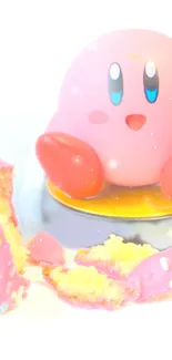 Kirby figurine with pink cake pieces on a white surface.