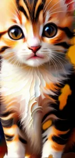 Colorful abstract kitten wallpaper with vibrant patterns.