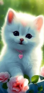 White kitten with flowers in a garden setting, featuring a heart pendant.