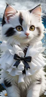 Cute fluffy kitten with bow among daisies.