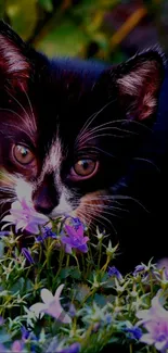 Adorable black and white kitten sniffing purple flowers in a garden.