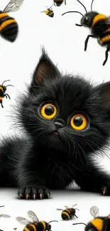 Black kitten surrounded by bees in a whimsical illustration.