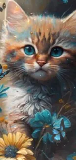 Adorable kitten with blue butterflies and flowers on phone wallpaper.