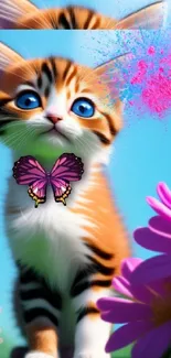 Cute kitten with blue eyes and pink butterfly, surrounded by vibrant flowers.