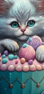 Fluffy kitten with colorful candy in an artistic mobile wallpaper.