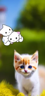 Cute kitten with cartoon friends in vibrant green nature scene.