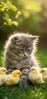 Fluffy grey kitten surrounded by yellow chicks on grass.