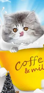 Cute kitten popping out of a coffee cup with milk splash.