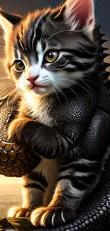 Adorable kitten cuddling a dragon on a castle-themed mobile wallpaper.