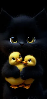 Cute kitten holding two yellow ducklings against a dark background.