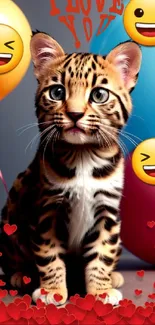 Cute kitten with colorful emojis and heart designs on a cheerful background.