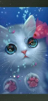 Adorable kitten with fish in blue aquatic wallpaper.