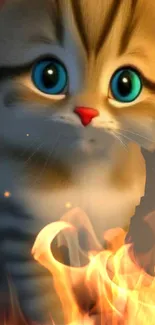 Cute kitten with flames background on mobile wallpaper.