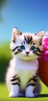 Adorable kitten with green eyes next to pink flowers on a vibrant background.