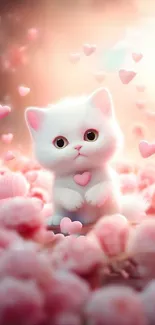 Adorable white kitten with pink hearts, perfect phone wallpaper.