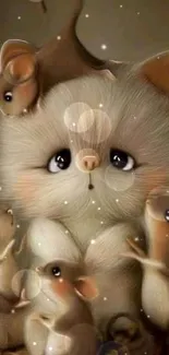 Cute kitten surrounded by playful mice in a heartwarming scene.