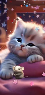 Cute kitten with mouse and colorful stars mobile wallpaper.