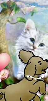 Cute kitten with cartoon puppy and heart in floral background wallpaper.