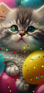 Adorable kitten cuddling among bright balloons.