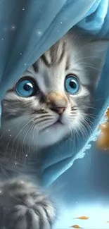 Adorable kitten peeking from behind blue curtains, perfect for mobile screens.