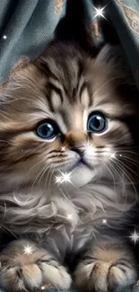 Fluffy kitten peeking through teal curtains with sparkling stars.
