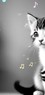 Black and white art of a cute kitten with big eyes, perfect for mobile wallpaper.