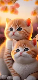 Cute kittens in blossoms wallpaper with soft peach hues.