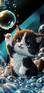 Adorable kitten plays with bubbles in a vibrant blue setting.