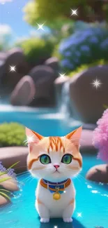 Cute orange kitten by a scenic waterfall with lush surroundings.