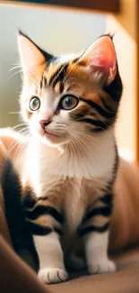 Cute kitten by the window in sunlight, creating a warm ambiance.