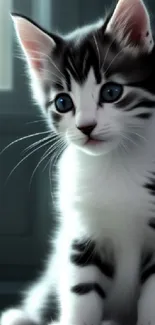 Cute black and white kitten with blue eyes sitting by a window.