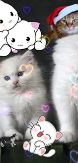 Adorable fluffy cats with cartoon elements and colorful hearts.