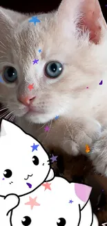 Playful kitten with cartoon stars wallpaper.