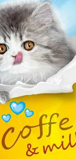 Cute kitten with milk splash and coffee theme on a yellow background.