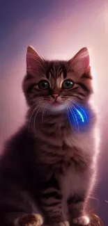 Cute kitten with cosmic background and glowing blue whiskers.