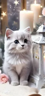 Adorable fluffy kitten with glowing candles in a cozy setting.